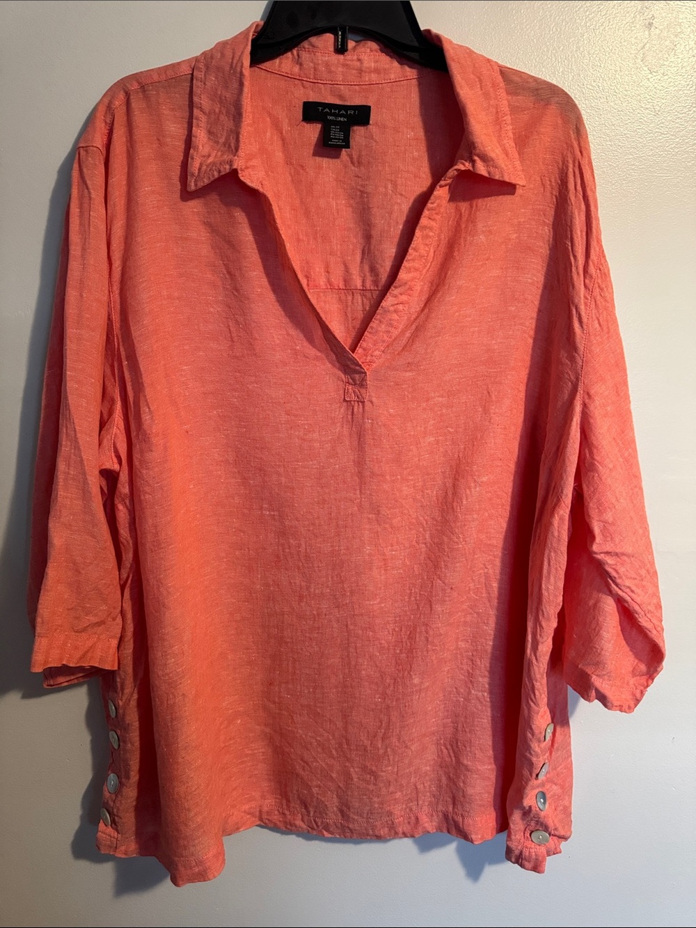 Tahari Coral-Orange V-Neck Linen Tunic with Button Sleeve Tabs